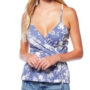 Loveappella Blue and White Wrap Tie Front Tank Top